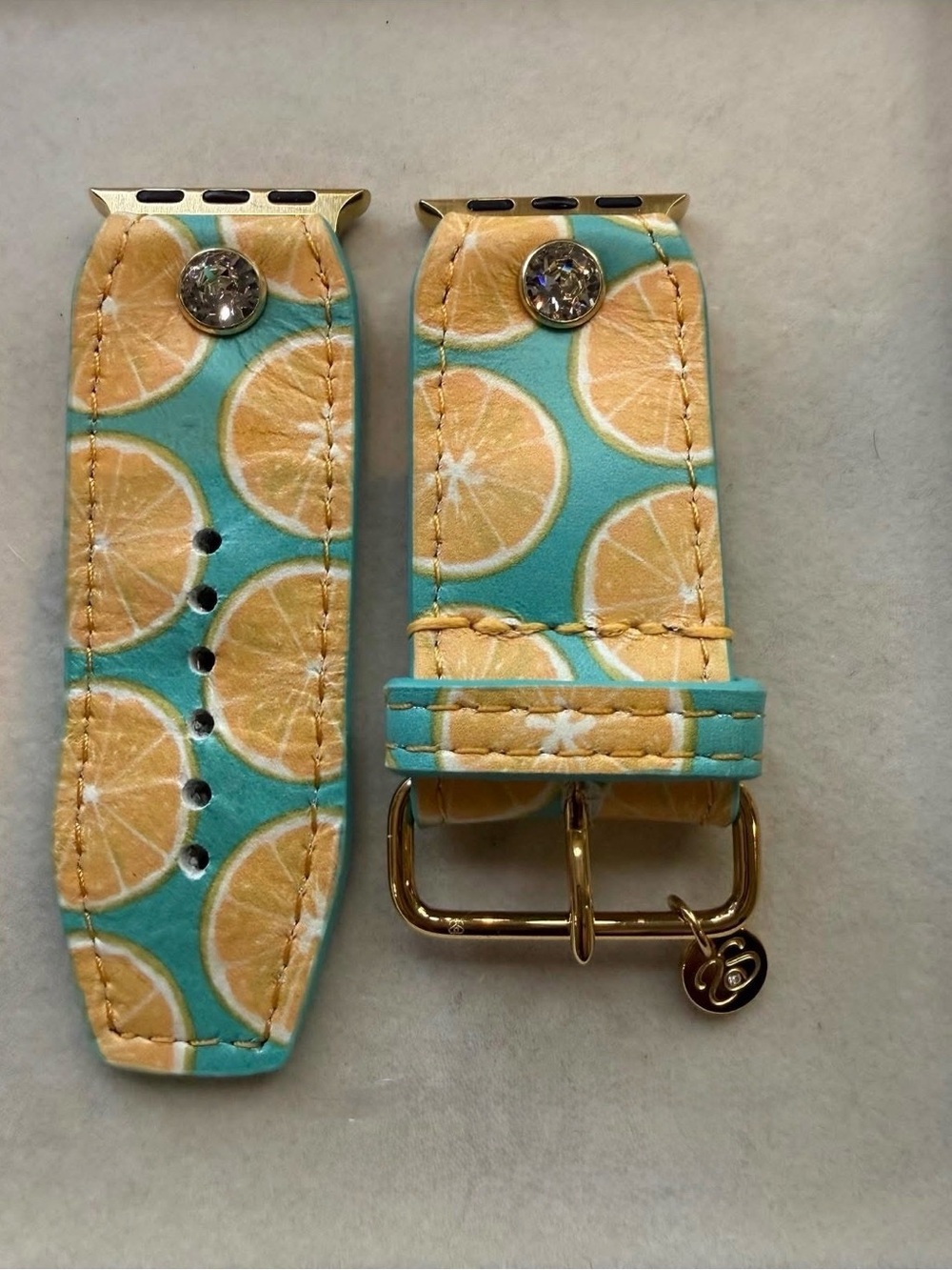 Lemon Slice Print Leather Watch Band - Turquoise & Yellow